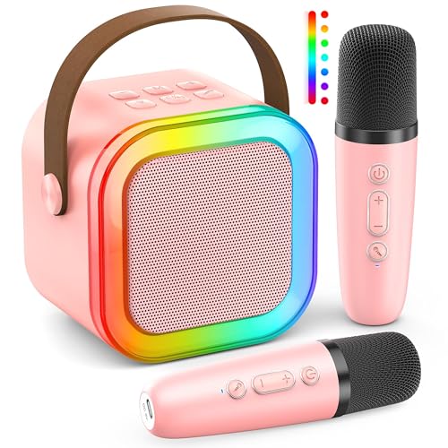 Ankuka Karaoke Maschine Kinder Mini Karaoke Maschine für Kinder und Erwachsene, Karaoke Anlage Mit 2 Mikrofonen Mädchen Karaoke Spielzeug Kindermikrofon 3-12 Jahre (Rosa)