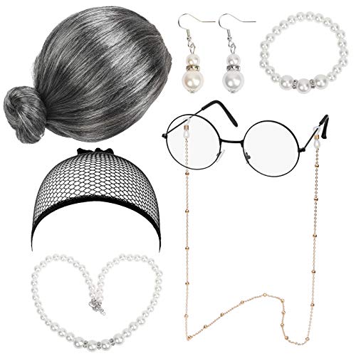 LOPOTIN 7TLG Oma Perücke Kostüm Accessoire Set Oma Brille mit Perlen Armband Perlenkette Cosplay Zubehör Granny Kostümzubehör Großmutter Verkleidung für Fasching Karneval Halloween Damen Mädchen