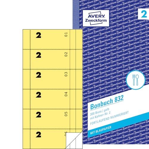 AVERY Zweckform 832 Bonbuch (105x198mm, 300 Bons mit Kellner-Nr. 2, mit einem Blatt Blaupapier und je einem Durchschlag, 1 Block mit 300 Stück, ideal für den Gastronomiebedarf) gelb/weiß