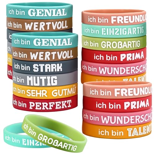 24 Stück Motivationsarmbänder Silikon Armbänder mit Inspirierenden Sprüchen Silikonarmband auf Deutsch 20,3 cm, Motivierende Gummiarmbänder mit Positiven Sprüchen für Abschiedsgeschenk Kinder Teenager
