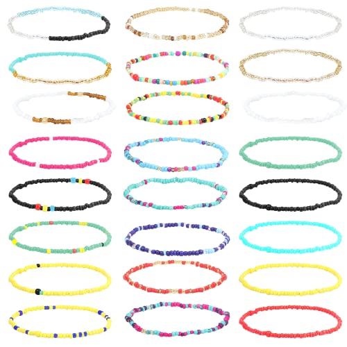 Diamday 24 Stück handgefertigte Perlen Fußkettchen Armbänder für Frauen Egirls Strand Boho Bunte Perlen Knöchel Armbänder elastisch Fuß und Hand Kette Schmuck