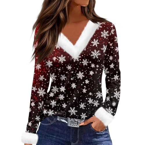 Weihnachtsshirt Langarm Damen Weihnachts Shirt T Shirt Damen Langarm T Shirt Oversize Damen Italienische Blusen Kleine Frauen Sexy Christmas Weihnachts Rot L