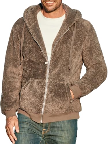 Runcati Hoodie Herren Fleecejacke Sherpa Fleece Kapuzenpullover Herbst Winter Sweatshirt mit Reißverschluss, Braun, XL