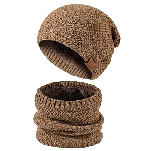 TAGVO Herren Mütze Schal Set Lässige Beanie Strickmütze, Wintermütze Winterset Strick Beanie Wolle Loop Schal mit Dicke Fleecefutter Khaki