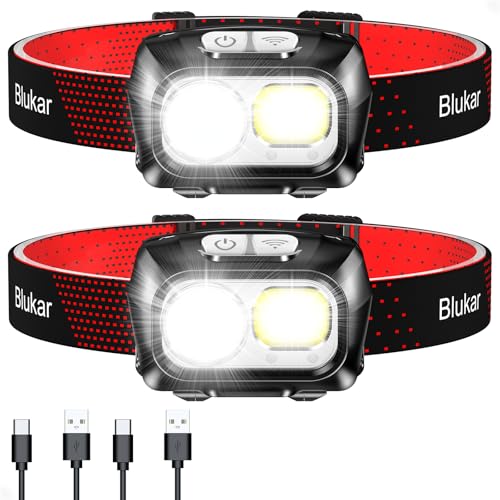 Blukar LED Stirnlampe Wiederaufladbar, 2 Stück Superhell Kopflampe Stufenlos Dimmbar mit 8 Modi, Sensor & Rotlicht, IPX5 Wasserdicht & Winkel Einstellbar, Stirnleuchte für Joggen, Angeln -Schwarz