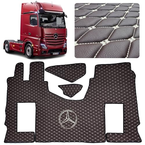 Automatte LKW Fahrerabsatz Set kompatibel mit Mercedes Actros MP4 MP5 MP6 (Dunkel braun, beige Nähaden, Beifahrersitz gefedert)