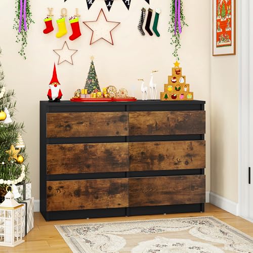 YITAHOME Kommode Schlafzimmer, Schlafzimmermöbel, Kommode aus Holz, 6 Schubladen mit Laufschienen, Schlafzimmeraufbewahrung, moderner Schlafzimmerschrank, 100 x 30 x 70 cm (Schwarz Rustikal Braun)