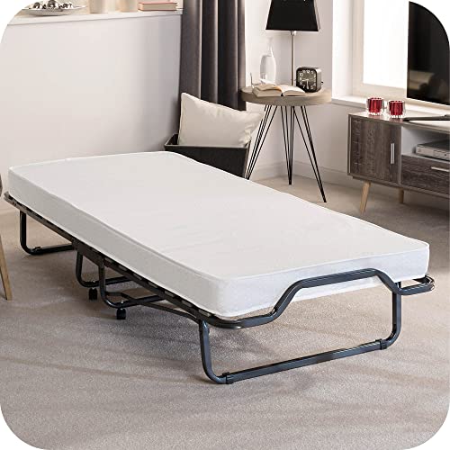 Beautissu Gästebett klappbar 90x200 cm – langlebiges & faltbares Reisebett inkl Schutzhülle & 10,5 cm Dicker Schaumstoff Matratze - Klappbett ohne Aufbau - Stabiler Stahlrahmen & 4 Laufrollen Venetia