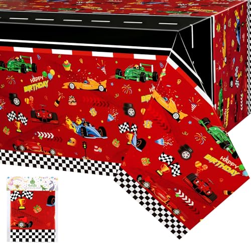 WERNNSAI Rennwagen Tischdecke – 1 Stück 137 x 274 cm rechteckige Rennstrecken Tischdecke Auto Thema Geburtstagsdekoration rote Rennwagen Tischdecke für Kindergeburtstagspartys für Jungen