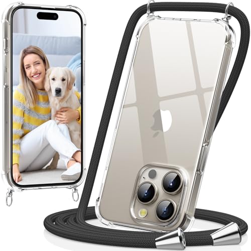caslord Handykette kompatibel mit iPhone 15 Pro Max, Necklace Hülle mit Bands Handyhülle für zum Umhängen, Transparent Case mit Handykordel,Stoßfeste Schutzhülle zum Umhängen Kordel, Schwarz