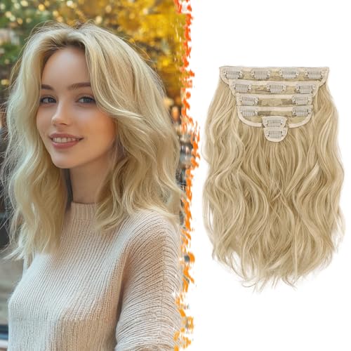 BARSDAR Clip in Extensions Blond, 30cm Kurzes Wellige Clip in Haarverlängerungen Für Frauen 6PCs Voller Kopf Dickes Synthetisches Clip in Haarteile Natürliches Weiches - Helles Aschblond Mix