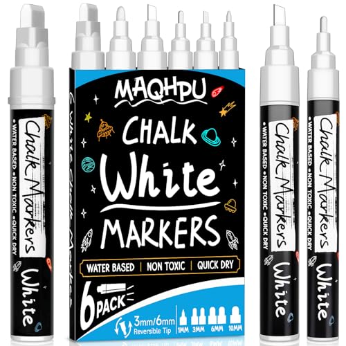 Maqhpu Weiß Kreidestifte für Fenster & Tafel Abwaschbar, 6 Stück Kreidemarker Fenster, Whiteboard Marker Fenstermalstifte Fensterstifte Tafelstifte für Glas & Gewürzgläser(1mm, 3mm, 6mm, 10mm)
