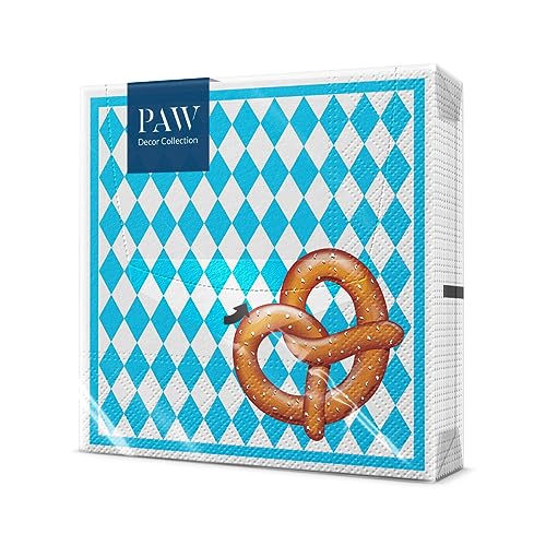 PAW - Servietten 3-lagig (33 x 33 cm) I 20 Stück I Perfekt für Geburtstage, Partys, Hochzeiten, Kommunion und Feiern I Papierservietten Bunt - Oktoberfest, Party, Weiß, Blau I Bavarian Pretzel