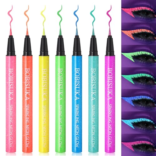 BOBISUKA UV Glitter Eyeliner Set 7 Farben, Neon Eyeliner Bunt Wasserfest, Langanhaltend, Flüssiger Eyeliner für Rockkonzerte, Partys, Abschlussbälle, Festliche Umstylings
