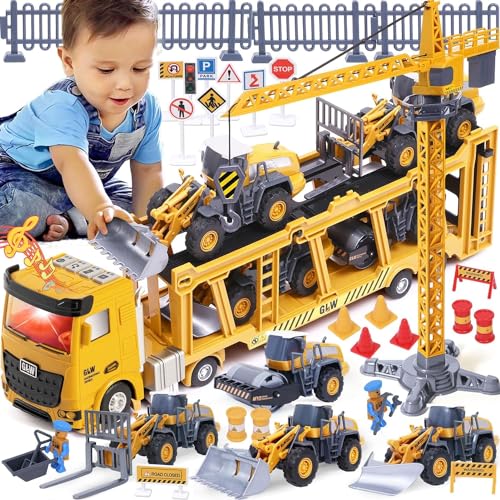 Tacobear Baufahrzeuge Kinder groß LKW Fahrzeug Spielzeug Geschenke ab 3 4 5 6 7 Junge mit Kran Spielzeug Bulldozer Dampfwalze Gabelstapler Konstruktionsfahrzeuge Geburtstag Geschenkideen Kinder Jungen