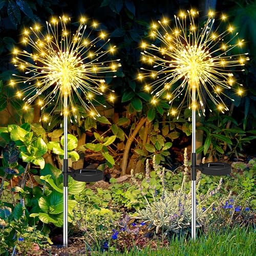 BBLTIFF Solarlampen für Außen Garten, 2 Stück 120 LED Gartendeko für Draußen Wetterfest, 8 Modi Warmweiß Pusteblume Solarleuchte, Solarstecker Garten für Gärten, Rasenflächen, Terrassen Deko