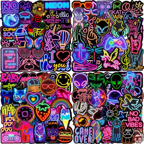 Aufkleber 200 Stück Neon Sticker Set Wasserfeste Vinyl Sticker Decals Coole Graffiti Sticker für Laptop Skateboard Scrapbook Trinkflasche MacBook IPad Handy Tagebuch Tassen Moped Fahrrad Koffer usw