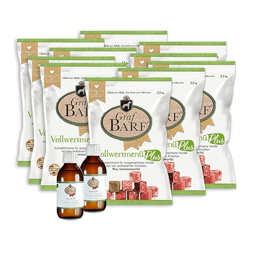 Vollwertpaket Plus Hähnchen/Huhn (10xVollwertmenü Plus Hähnchen, 2xFlaschen Spezial-Öl) Barf-Hundefutter für Hunde mit einem Körpergewicht ab 4kg