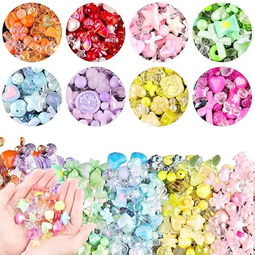 Calkkrer 200 Stück Multifarbige Acrylperlen, Verschiedene Formen wie Blumen, Schmetterlinge, Herzchen, Sternchen für Schmuckgestaltung, DIY Armbänder, Schlüsselanhänger