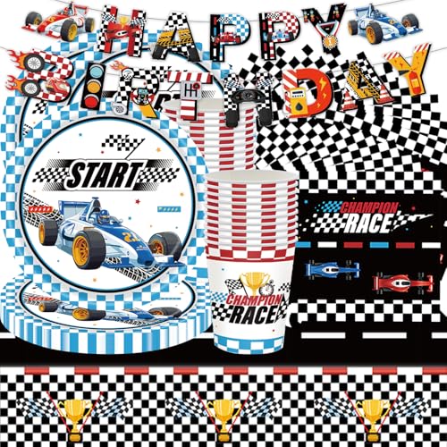 62Stk Rennwagen Partygeschirr Set, Kindergeburtstag Partyzubehör, Rennwagen Party Dekorationen, Auto Party Geschirr enthält Teller Tassen Papier Servietten Tischdecke Banner(20 Gäste)