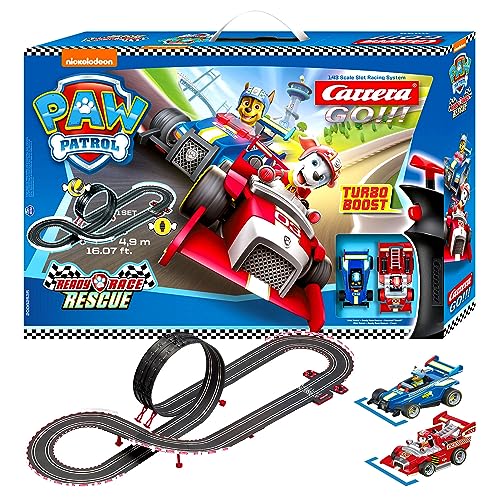 Carrera GO!!! PAW Patrol - Ready Race Rescue Set |2 Slotcars inkl. 2 Handregler mit Turbo-Knopf | Inklusive Chase und Marshall | 4,9 m Streckenlänge mit Looping und Rundenzähler | Maßstab 1:43