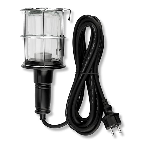 REV Handlampe - Werkstattlampe mit Metall-Schutzkorb & Schutzglas, Baulampe E27 (ohne Leuchtmittel), 5m Kabel, silber