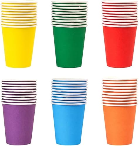 PIQIUQIU 6 Farbe 60 Stück Pappbecher, 250 ml Mehrfarbig Partybecher Biologisch Abbaubar Einwegbecher für Hochzeit, Kinder DIY, Partybedarf