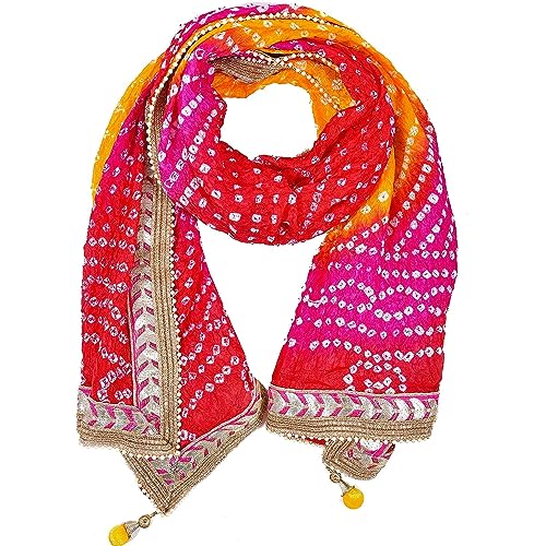 TreegoArt Damen Seide Jaipuri Rajasthani Bandhani Bandhej Heavy Dupatta mit Gota Arbeit und Latkan, Mehrfarbig, Einheitsgröße