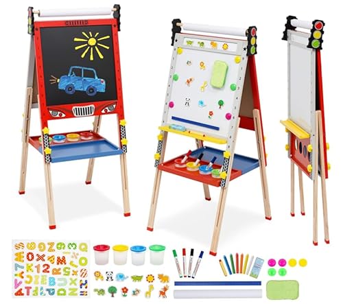 Kinder Staffelei,3 in 1 Kinder Staffelei mit Papierrolle,Höhenverstellbar Kids Easel Foldable Double-Sided Whiteboard&Chalkboard,Anderem Zubehör für Kinder und Kleinkinder,Tafel für Kinder 3-8 Jahren