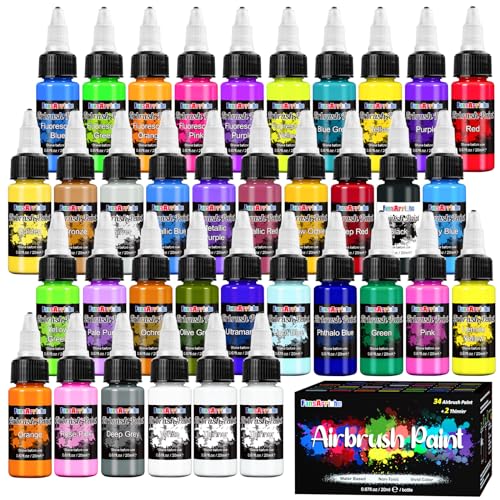FansArriche Airbrush Farbe, 34 Farben+2 Verdünner, Acryl-Luftpinsel-Set, blickdichte und neon Farben, Perlenfarben, für Anfänger, Künstler, DIY-Projekte, 20 ml/Flasche