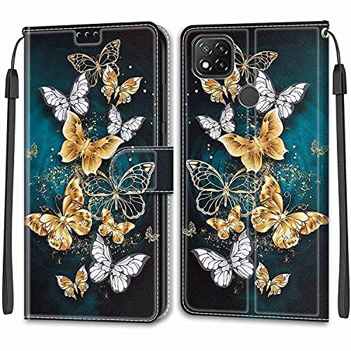 Nadoli Handyhülle für Xiaomi Redmi 9C,Bunt Bemalt [Gold Silber Schmetterling] Lanyard PU Leder Standfunktion Magnetverschluss Brieftasche Hülle Schutzhülle Etui