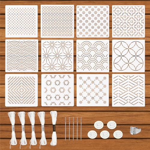 28stk Sashiko Schablonen Set aus Kunststoff, Inklusive 12stk Geometrischen Einfachen Sashiko Stick Schablonen 1stk Fingerhut 5stk Nadeln 5 Rollen Faden 5stk Fingerhaltern