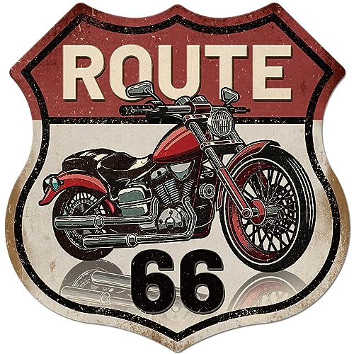 GLOBLELAND "Route 66" Metall Blechschild 8×12 Inch Motorrad Retro Metallplakat Heteromorphismus Kunst Blechschild Metallplakette für Motorradgeschäfte Diners Man Caves Road Car Garages