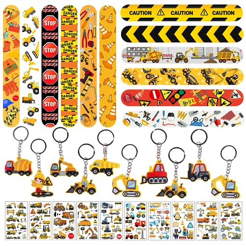 O-Kinee Construction Party Kindergeburtstag Mitgebsel, Baustelle Schnapparmband, Bagger Schlüsselanhänger, Baustellen Aufkleber, Give Aways Gastgeschenk Kinder für Bau Themen Party Goodie Bag Stuffers