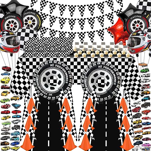 Obussgar Racing-Party-Dekoration umfasst Verkehrskegel, Karierte Flaggen, Tischdecken-Luftballons, Dreiecksbanner, Rennstrecken-Bodenläufer, Cupcakes-Topper, Goodie-Bags, Racing-Aufkleber