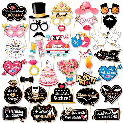 DPKOW 36pcs Deutsch Hochzeit Foto Requisiten, Fotoaccessoires, Lustiges Fotobox für Deko Gastgeschenke, Partyfotoautomat Zubehör Hochzeitsfeier Photo Booth Props