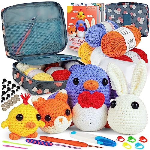 Coopay Häkelset für Anfänger, Komplettes Häkelset mit 4 Verschiedene Tier-Häkelanleitungen (Pinguin/Kaninchen/Küken/Fuchs), DIY Häkel Set mit Häkeltasche und Anleitung, Häkeln für Anfänger