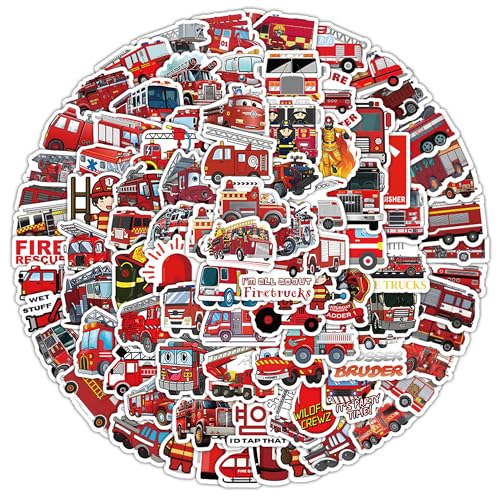Feuerwehr Aufkleber Feuerwehrauto Sticker - 100 Stück Fire Truck Deko für Auto Wasserflasche Laptop Skateboard Fahrrad Koffer Scrapbook, Feuerwehrfahrzeuge Geschenk für Erwachsene Kinder Jungen