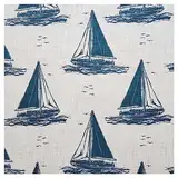 Maritimer Dekostoff Segelboot Sommerwind reine Baumwolle mit Leinenoptik Meterware mit Segelschiff und Möwen in Natur-Blau 140 x 50 cm