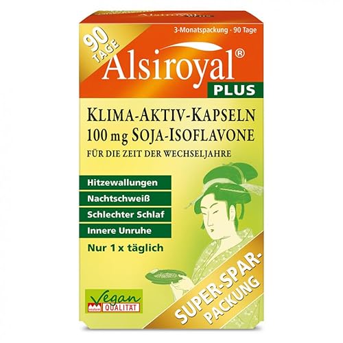 Alsiroyal PLUS Klima-Aktiv-Kapseln - 100 mg Soja-Isoflavone (90 Kapseln) - Lindert typische Erscheinungen der Wechseljahre - Hormon Balance Frauen - Wechseljahre Kapseln - vegan