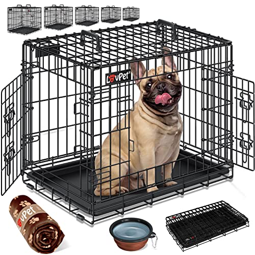 Lovpet® Hundekäfig klappbar Hundetransportkäfig Inkl. Fleecedecke + Napf Hundebox mit 2 Türen Transportkäfig Auto, Tiertransportbox Hundetransportbox mit Bodenschale 77,5 x 48,5 x 55,5 cm M Schwarz