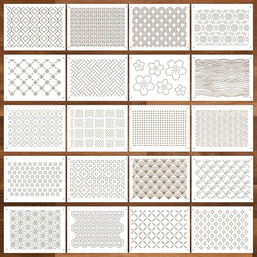 Sashiko-Schablonen aus Kunststoff, 20 Stück, 21,6 x 15,9 cm, Sashiko-Vorlage, Zeichnungslinie, Quiltschablone, geometrische Stickmuster, Stabilisatoren zum Nähen, Handquilten und Sticken
