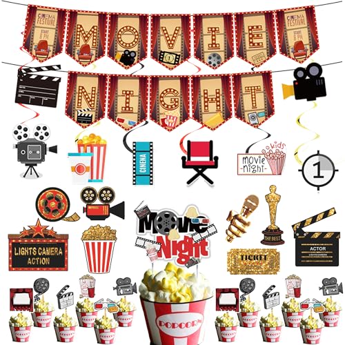 Xietaea Filmnacht Party Kino Deko - Filmabend Dekoration Girlande Filme Thema Hängende Wirbel und Popcorn Tortendeko, Movie Night Zubehör für Geburtstag Theater Mottoparty Dekorationen