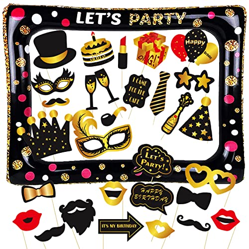 31 Stück Geburtstag Fotorequisiten Set, Black Gold Geburtstag Aufblasbarer Bilderrahmen mit 30 Stück Lustige Props, PVC Aufblasbarer Fotorahmen, DIY Photo Props Kit für Geburtstag Hochzeit Party