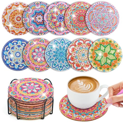 10 Stück Diamond Painting Untersetzer Mit Halter, Diamant Tassenuntersetzer, Diamond Painting Erwachsene zum Basteln, 5D DIY Mandala Untersetzer rutschfest für Anfänger, Erwachsene & Kinder