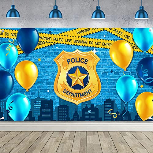 Polizei-Hintergrund, Polizei-Thema, Happy Birthday, Party-Dekorationen, Polizeiabteilung, Abzeichen, blaue Ziegelmauer, Fotografie-Hintergrund für Polizei-Party-Zubehör, Wanddekoration, 183 x 100 cm