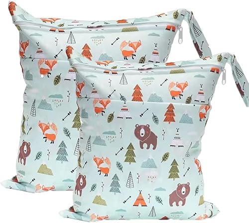 TRASUN Wetbag Kindergarten Nasstasche Windeltaschen Schwimmsachen Nassbeutel Nasse und Trocken Wickeltasche 2er (Braunbär, Mittel)