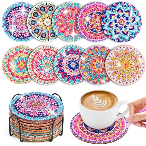 10 Stück Diamond Painting Untersetzer mit Halter, Diamant Tassenuntersetzer, Mandala Diamond Art Painting, 5D DIY Mandala Untersetzer rutschfest für Anfänger, Erwachsene & Kinder