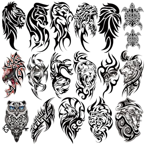 77 Blätter Temporäre Tattoos, 17 Blätter Halbarm Tribal Löwe Eule Wolf Schildkröte Hirsch Fake Tattoos für Erwachsene Männer Frauen, 60 Blätter kleine Tattoo Aufkleber für Jungen Mädchen Kinder