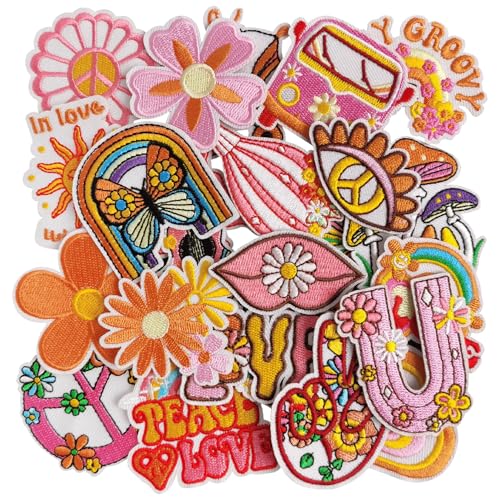 GYGYL 25Pcs Hippie Iron on Vintage Patches Groovy Boho Peace Sign Sew on Embroidered Patches for Clothes, Backpack, Jackets, Jeans, Shirt DIY Crafts